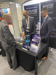 Dr Andy Thomas AO with Inovor Technologies CEO Dr Matthew Tetlow and Operations Manager Ben Adams at the Australian Space Forum in Adelaide in February 2020.